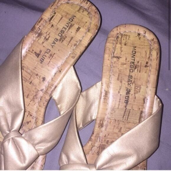 Montego Bay Club women's gold metallic thong style low cork wedge heel size - Picture 2 of 5